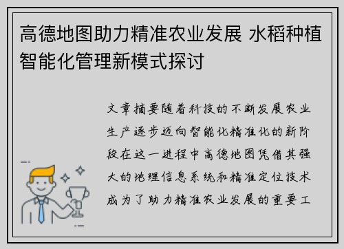 高德地图助力精准农业发展 水稻种植智能化管理新模式探讨