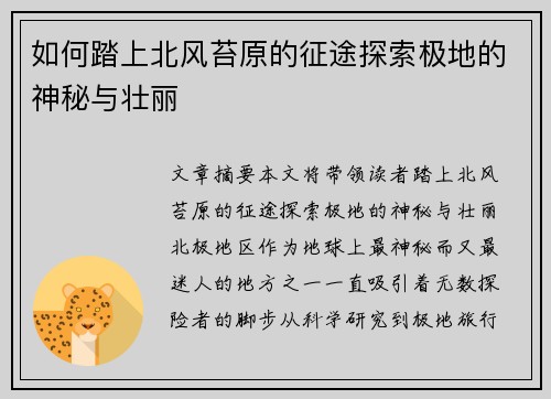 如何踏上北风苔原的征途探索极地的神秘与壮丽