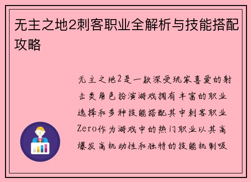 无主之地2刺客职业全解析与技能搭配攻略