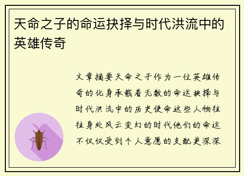 天命之子的命运抉择与时代洪流中的英雄传奇